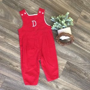 “D” embroidered red long alls, size 12 months